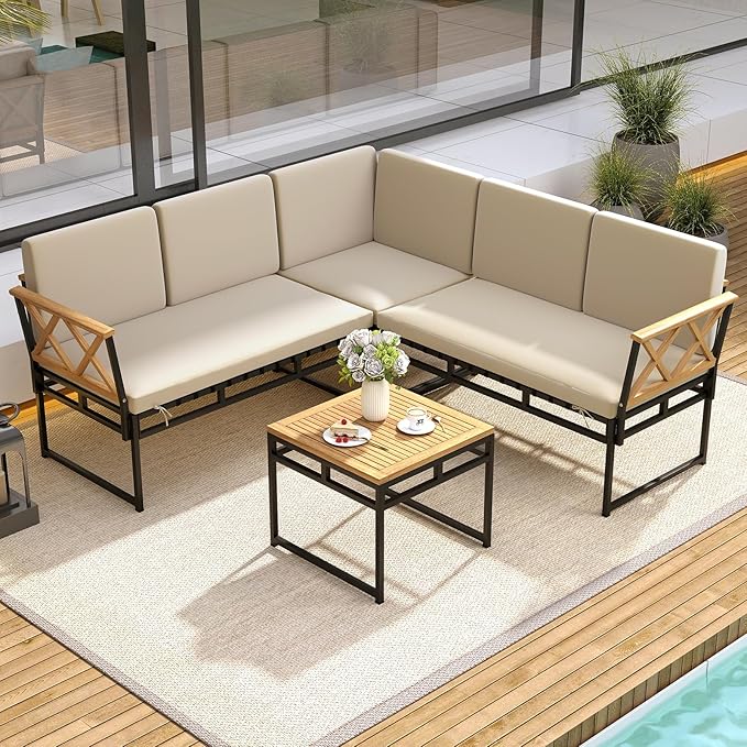 Tangkula L Shaped Outdoor Sectional Sofa Set, 4 Pieces Acacia Wood Patio Cushioned Conversation Set with Bungee Rope Seat,for Porch, Yard, Poolside (Off White)