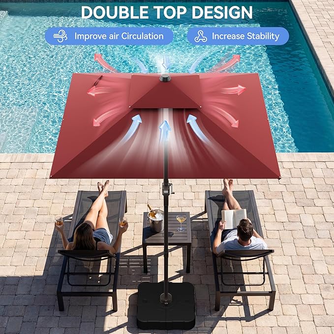 10x10FT Red Cantilever Outdoor Patio Umbrella with Base, Large Square Offset Design, Double Top Heavy Duty Aluminum Frame & 360° Rotation for Pool Garden Deck Backyard