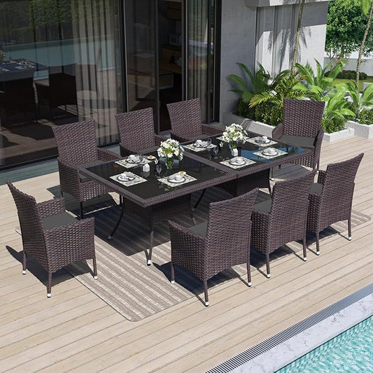 ALAULM 10 Piece Patio Dining Set All-Weather Wicker Outdoor Patio Furniture Set w/Tempered Glass Tabletop, Removable Cushions and Umbrella Hole for Patio, Backyard, Garden, Poolside (Grey)