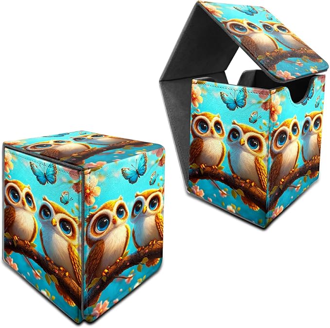 Deck Box for MTG, Cards Storage Box Fits 120+ Sleeved, Leather Medium Size Strong Magnetic Closing Card Case for Board Games Magic TCG CCG Baseball Collection, Owl Blue