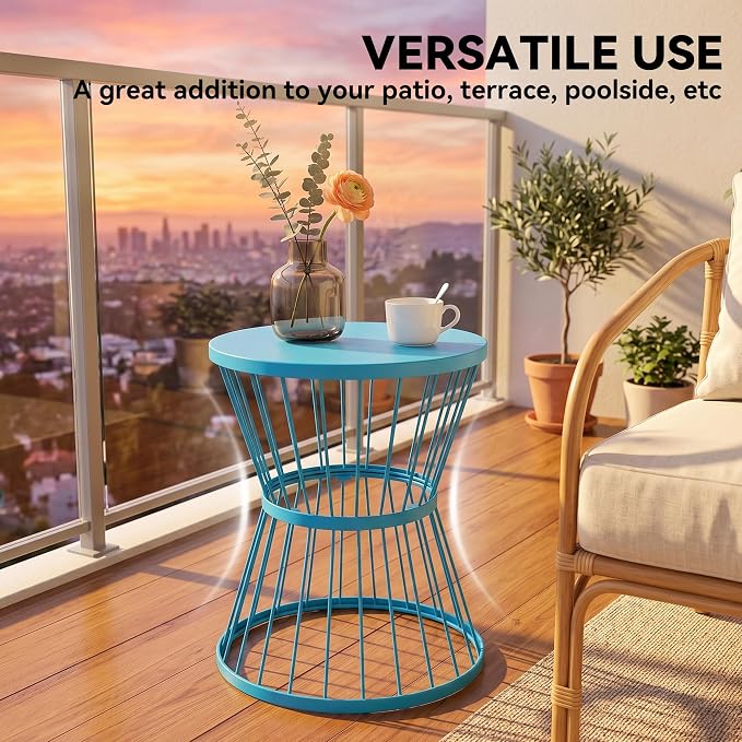 Outsunny 16" Steel Patio Side Table, Garden End Table with Hourglass Design, Accent Table for Outdoor and Indoor Use, Blue