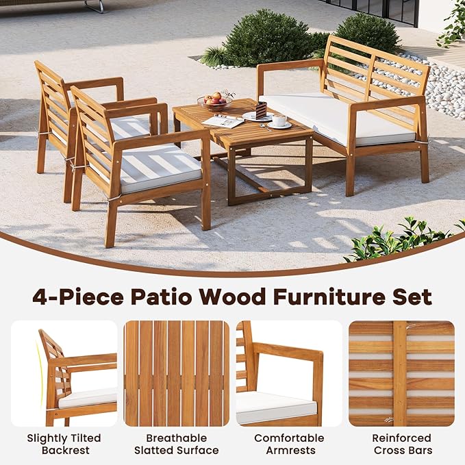 HAPPYGRILL 4 Piece Wood Patio Conversation Set, Armchairs Loveseat & Coffee Table Set with Cushions, Acacia Wood Frame, Outdoor Furniture Set for Porch, Garden, Backyard, Poolside