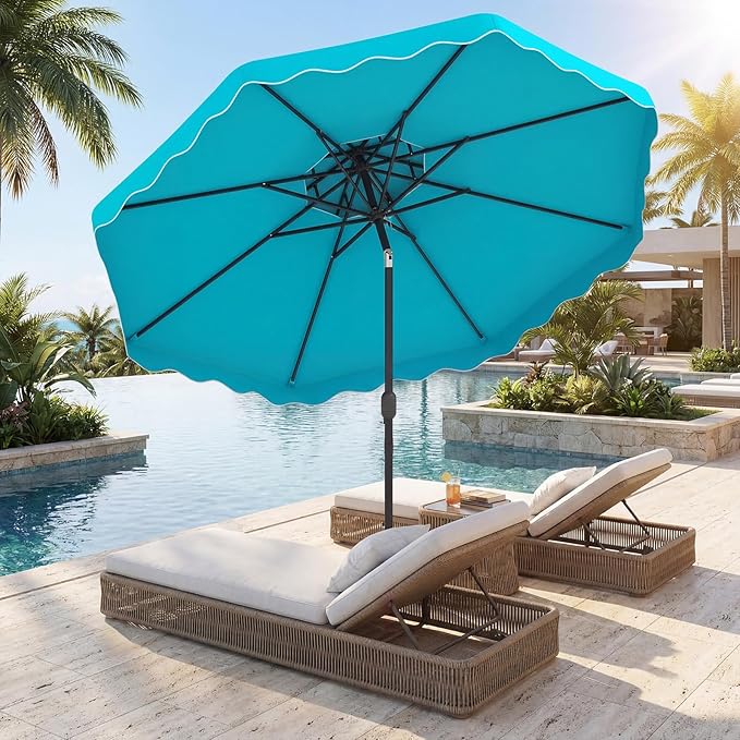 Happygrill 9 FT Patio Umbrella, Scalloped Outdoor Table Market Umbrella with Push Button Tilt & Crank, 2-Tier Vented Top, Heavy-Duty 8 Metal Ribs, Sun-Protective Canopy, Ruffle for Deck Pool Garden (Turquoise)
