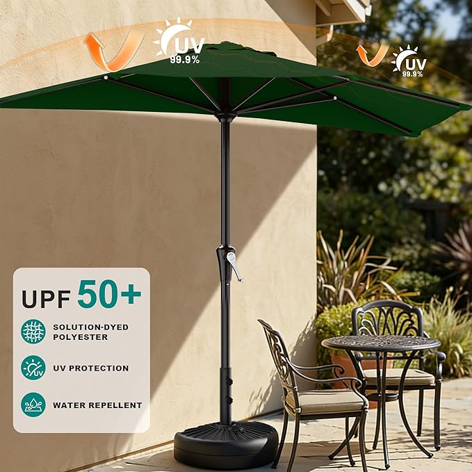 AreShark 9FT Half Patio Umbrella, Outdoor Wall Umbrella with Crank & 5 Sturdy Ribs, Table 1/2 Umbrella Patio for Garden, Deck, Balcony and Pool, Dark Green
