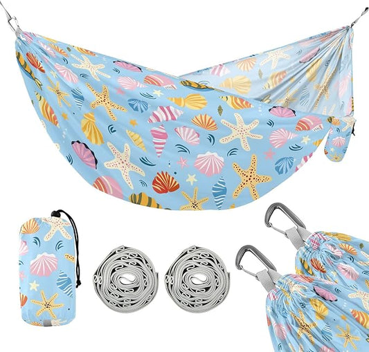 Camping Hammock Outdoor Hammocks for Outside Hand Drawn Sea Shells Beach Trees Portable Lightweight with Pockets Tree Straps Indoor