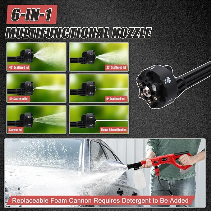 Cordless Cleaner Tool Compatible with Milwaukee18V Battery, Cordless Car Cleaning Tools with 6-in-1 Nozzle Foam Pot, 16ft Hose for Car, Home, Lawn, Garden, Fence (Body Only)