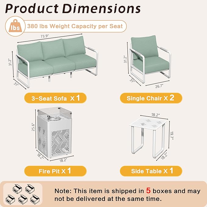 MBY Outdoor Aluminum Patio Furniture Set, 5-Seats Patio Conversation Sofa Set with 45,000 BTU Fire Pit Table w/Glass Wind Guard, All Weather for Balcony, Garden-White