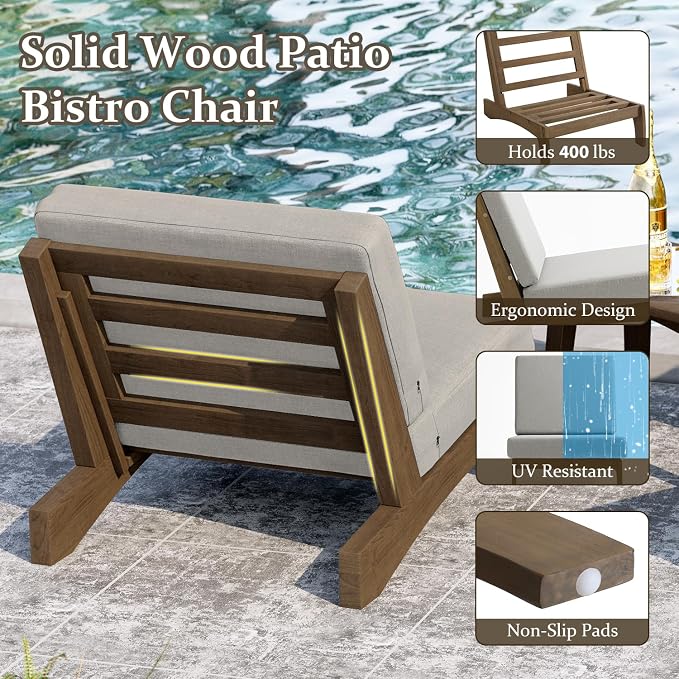 Pia Ricoo Patio Chairs Set of 2, Heavy Duty Wood Patio Furniture Set with Thick Cushions, Bistro Set All-Weather Outdoor Chairs for Balcony, Deck, Poolside, Porch - Light Camel