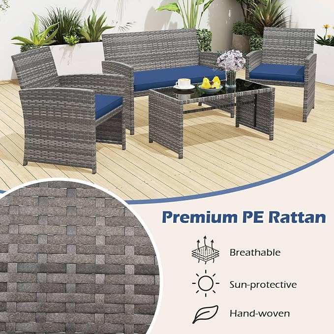 RELAX4LIFE 8-Piece Patio Furniture Set - Wicker Rattan Outdoor Sectional Sofa Set w/Glass Coffee Table, Loveseat, 2 Chairs & Soft Cushions, Bistro Conversation for Garden Porch (2, Grey-Navy)