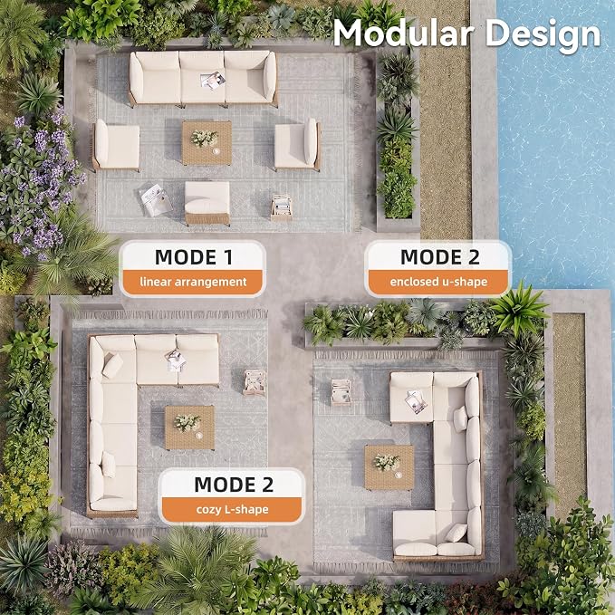 Aoxun 7-Piece Patio Furniture Set, Wicker Outdoor Furniture with Water Resistant Thick Cushions, Patio Conversation Set Outdoor Sectional Sofa with Coffee Table for Backyard Poolside, Beige