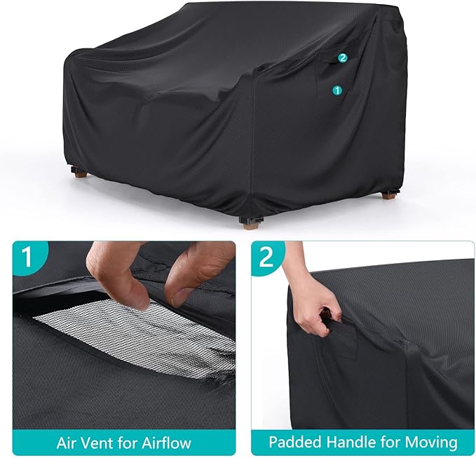 Patio Sofa Cover Waterproof - Heavy Duty 3-Seater Outdoor Couch Cover Patio Furniture Covers with Air Vent and Handles, 87" L×37" D×35" H, Black
