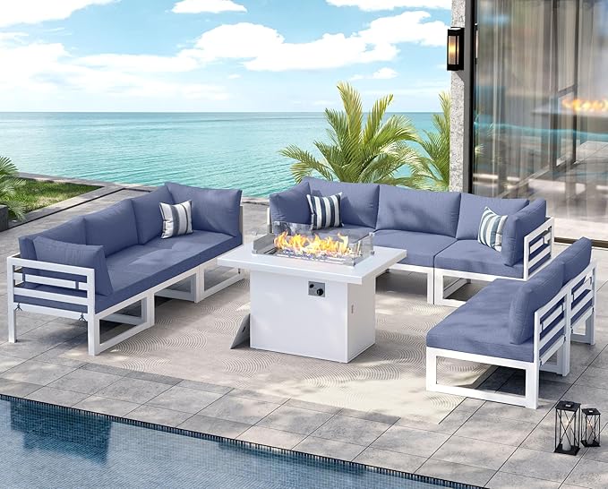 NICESOUL 8 People Large Luxury Aluminum Patio Conversation Set with Fire Pit Table Propane/Gas, 29" Deep U Shaped Sectional Couch, 500 lbs Heavy Duty All Weather Outdoor Sofa for Backyard, Denim Blue