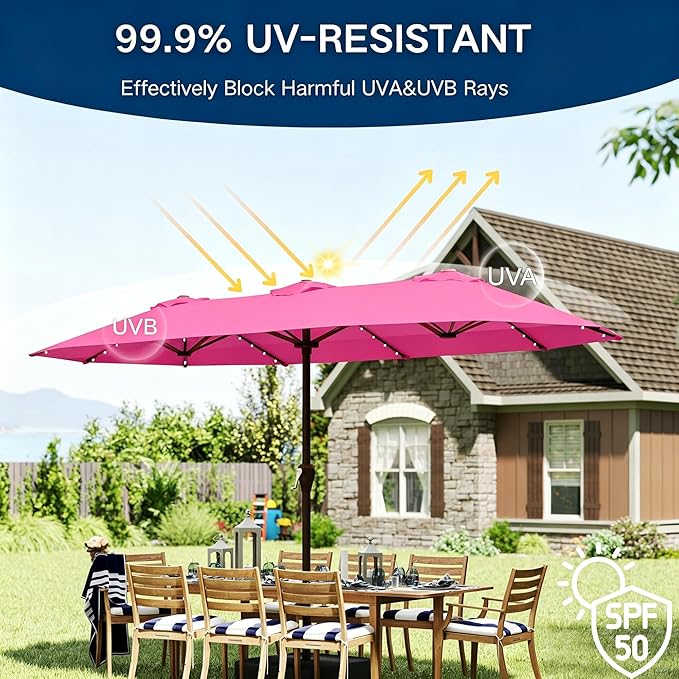 15ft Large Patio Umbrella with Solar Lights and Base, Double-Sided Outdoor Rectangle Umbrella with 48 LED Lights, Market Table Umbrellas with UV Resistant Canopy