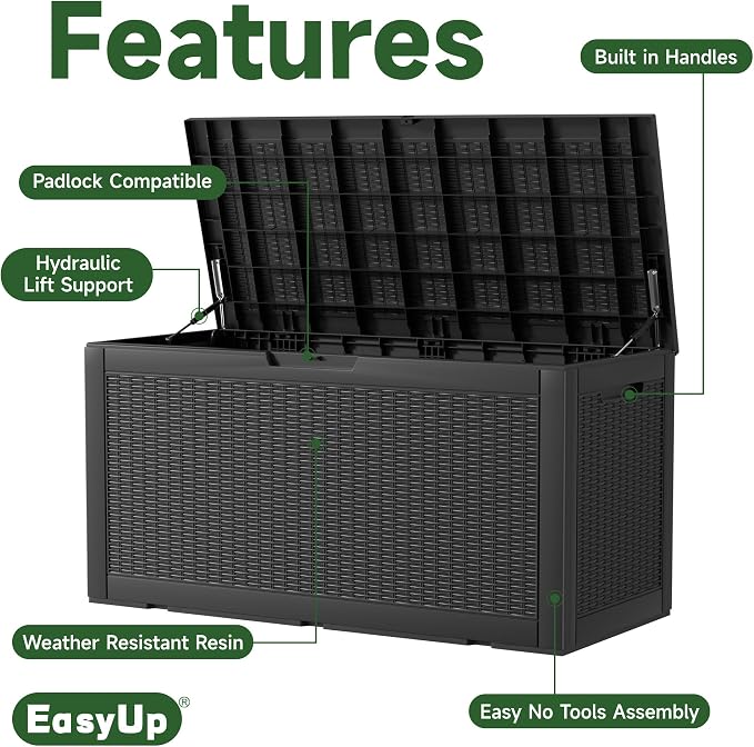 EasyUp 120 Gallon Outdoor Storage Box Waterproof, UV Resistant Resin Deck Box with Hydraulic Rod, Reinforced Stability for Patio, Garden, Rattan Black