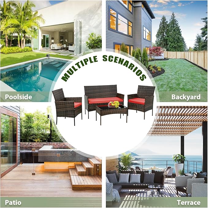 PayLessHere Outdoor Furniture Set 4 Pcs Modular Patio Furniture Set Water Resistant Conversation Set with 3 Rattan Chairs 1 Tempered Glass Topped Table for Patio Poolside, Brown Wicker/Red Cushions