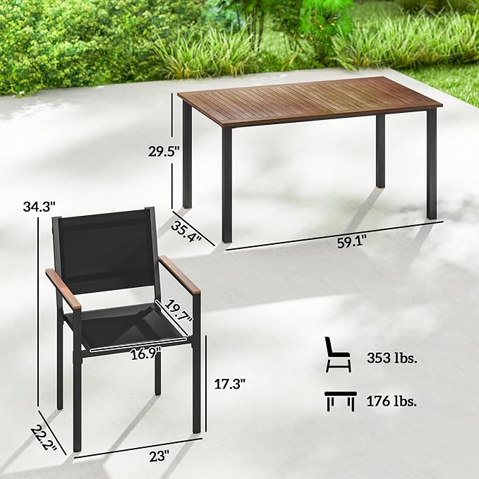Outsunny 5 Piece Outdoor Dining Set, Outdoor Table and Chairs for 4, 59" Rectangular Acacia Wood Tabletop and 352 LBS Mesh Stackable Chairs, Patio Set for Garden, Backyard, Deck, Teak