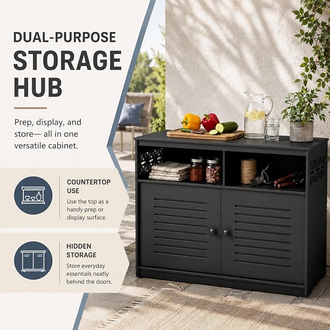 VINGLI Outdoor Storage Cabinet Waterproof, 87 Gallon Patio Deck Storage Cabinet with 2 Doors & Open Shelves, All-Weather Resistant Outdoor Sideboard with Decorative Cutout for Patio, Garden, Yard