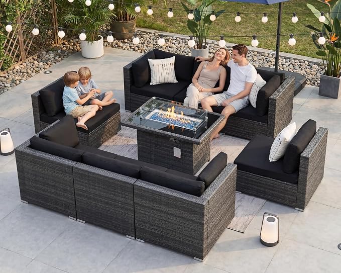 BULEXYARD 9 Piece High Back Outdoor Sectional Seating with Fire Pit Table, Heavy Duty Sturdy Wicker Patio Set Conversation Couch Sofa, Extra Wide Deep Large 8-Person Deck Furniture Set, Grey & Black