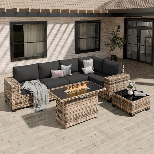 Patio Furniture Set, Wide Armrest Outdoor Furniture Set with 44" Fire Pit Table Thick Cushions, 7 Piece Wicker Rattan Patio Sectional Sofa for Backyard, Poolside, Garden