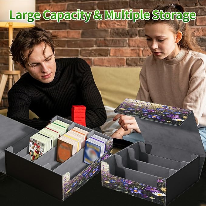 Large Card Deck Box for MTG, Fits 1200+ Sleeved Cards, PU Leather Storage Case with Strong Magnetic Closure, Multiple Colors for TCG CCG Baseball Card Collections, Purple Flower Butterfly