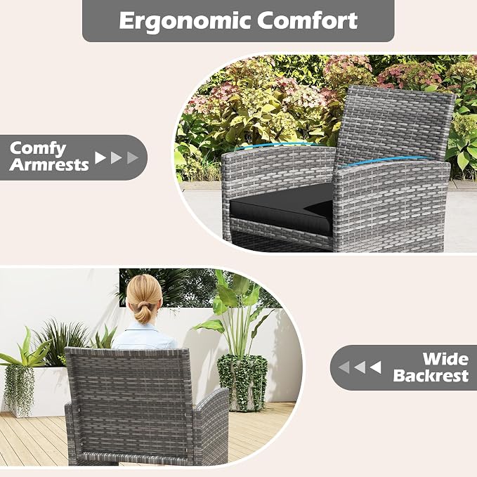 RELAX4LIFE 8-Piece Patio Furniture Set - Wicker Rattan Outdoor Sectional Sofa Set w/Glass Coffee Table, Loveseat, 2 Chairs & Soft Cushions, Bistro Conversation for Garden Porch (2, Grey-Black)