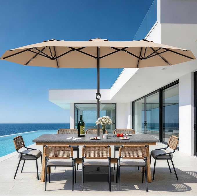 AreShark 15FT Outdoor Patio Umbrella with Crank, Large Rectangular Market Umbrella, Double-Sided Outdoor Umbrellas with Cross Base & Sandbag for Porch, Lawn, Pool, Backyard, Beige