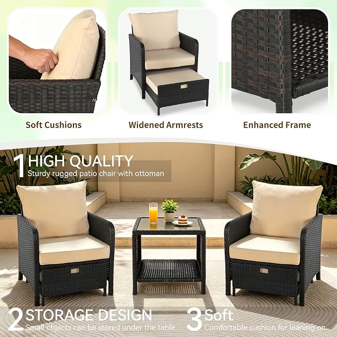YLGJ&TIDY 5 Pieces Patio Furniture Set, Rattan Outdoor Lounge Chairs with Soft Cushions,Outdoor Wicker Patio Conversation Set with Hidden Ottoman and Coffee Table for Porch, Garden, Backyard (Khaki)