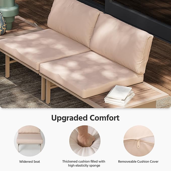 LAUSAINT HOME 6 Pieces Patio Furniture Set, Outdoor Metal Frame Patio Conversation Sets with Coffee Table & Thick Cushions for Garden, Poolside, Backyard(Beige)