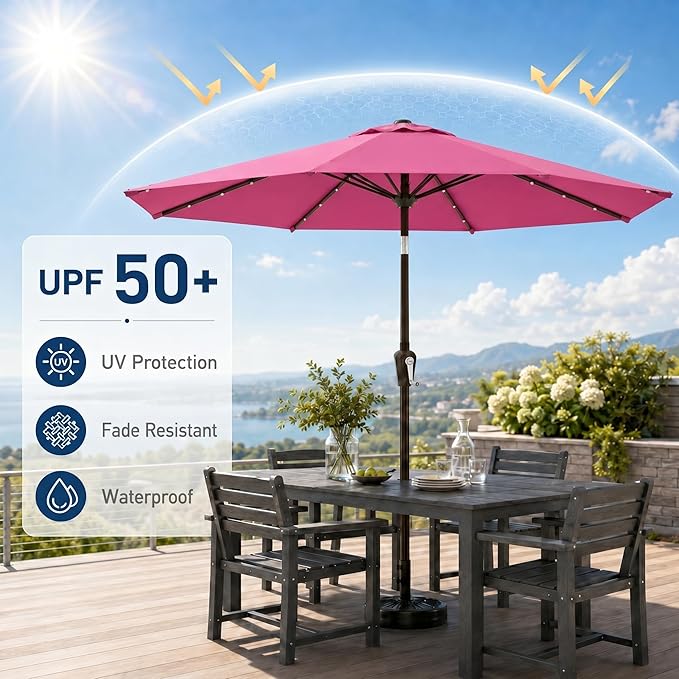 10FT Solar Patio Umbrella with Lights, Outdoor Table Market Umbrella with 32 LED Lights, 8 Sturdy Ribs, Push Button Tilt and Crank for Pool, Deck and Garden, UV-Resistant