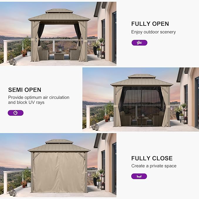 PURPLE LEAF 8' x 10' Hardtop Gazebo, Champagne Outdoor Aluminum Gazebo with Galvanized Steel Double Roof, Curtains and Netting for Patio Lawn and Garden