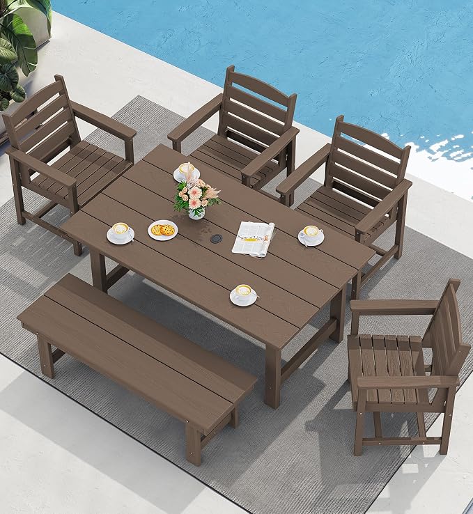 SERWALL 6 Pcs HDPE Dining Set, Includes 1 Table, 1 Bench & 4 Chairs, Coffee | Outdoor Dining Set with Bench, All-Weather Resistant SERWALL Dining Set for patio