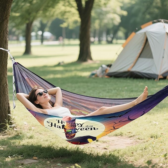 Hammocks for Outside Glowing Jack-o-Lanterns Camping Hammock Portable Hammocks with Tree Straps and Carry Bag Camping Accessories for Hiking Beach Outdoor