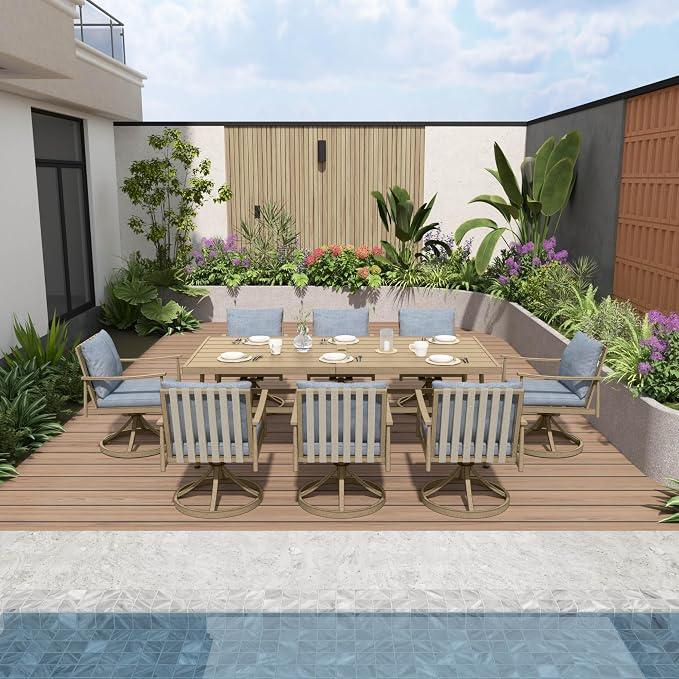 9-Piece Outdoor Dining Set for 8, Aluminum Dining Set with Cushions, 8 Swivel Chairs with Rope Backrest, Large Rectangular Table with Umbrella Hole, Patio Dining Set for Lawn Porch Yard,Brown