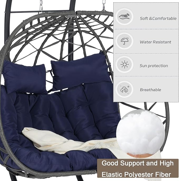 Double Egg Chair with Stand Outdoor Hanging Egg Swing Chair,Wicker Rattan Egg Chair Indoor Loveseat Chair with Cushion 500 lbs Capacity for Bedroom Balcony Patio (Gray+Blue)