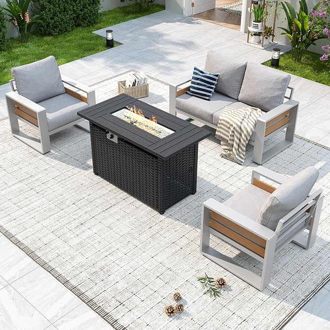 Aoxun Aluminum Patio Furniture Set with Fire Pit Table, 4 Piece Luxury Outdoor Sectional with 6" Olefin Fabric Cushions, Patio Conversation Sets with Waterproof Cover for Backyard, Porch Grey