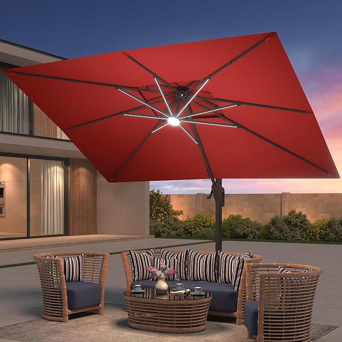 9x12 FT Patio Umbrella with LED Lights Cantilever Outdoor Large Heavy Duty Rectangle Aluminum Offset Umbrellas Double Top 360 Rotation 7 Tilt Adjustment for Pool Deck Garden, Red