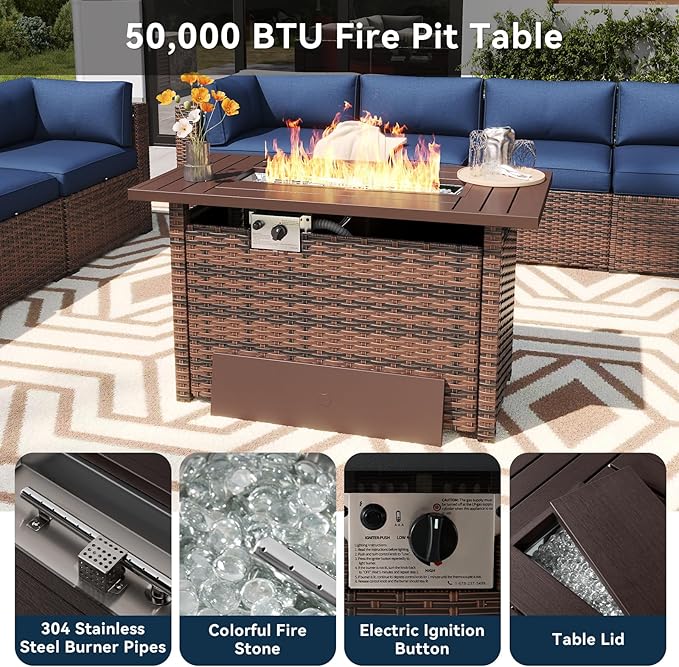 LazySunsets 12 Piece Outdoor Patio Furniture Set with 44'' Fire Pit Table, Outdoor Patio Furniture Sets with Waterproof Cover and 4'' Cushion, Wicker Rattan Outdoor Conversation Set for Backyard, Blue