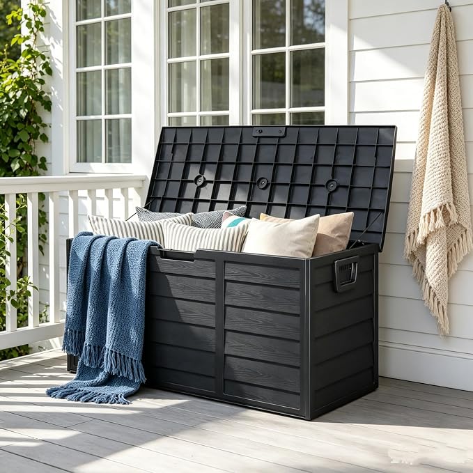 75 Gallon Waterproof Outdoor Deck Box with Wheels, Lockable Resin Patio Storage Container for Cushions, Garden Tools, Pool Accessories and Outdoor Supplies, Black