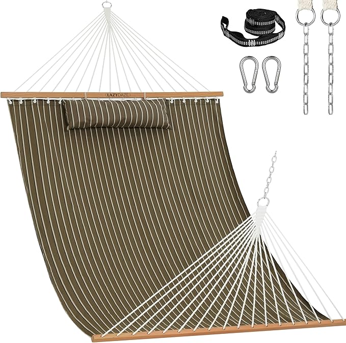 Lazy Daze Hammocks 12 FT Sunbrella Fabric Hammock not Fading with Spreader Bars and Free Pillow Fits for 2 Persons, All Weather and Fade Resistant for Patio Yard, 450 lbs Capacity, Harwood Cocoa