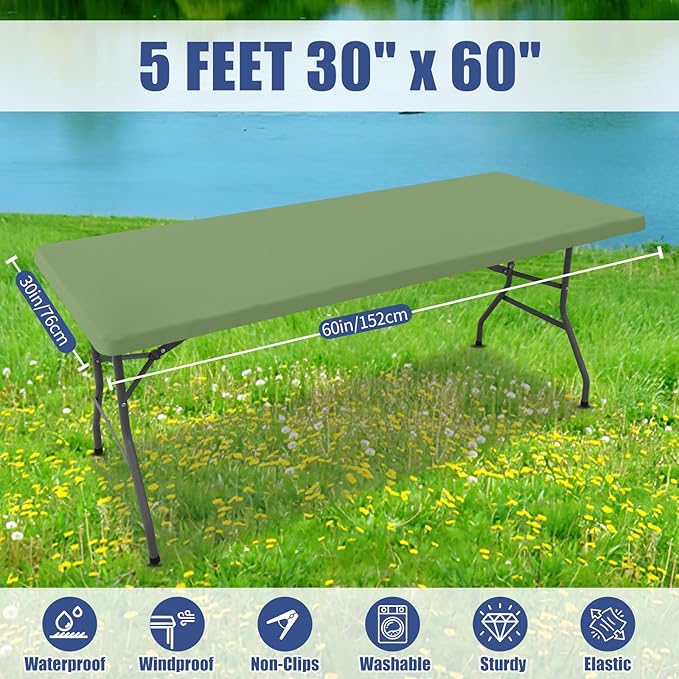 Moosfor Spandex 5 Foot Rectangle Table Cloth 2 Pack, Elastic Fitted Tablecloths for Picnic, Stretch Washable Patio Table Cover for Outdoor, Camping, Banquet and Parties(Sage Green, 30"x60")