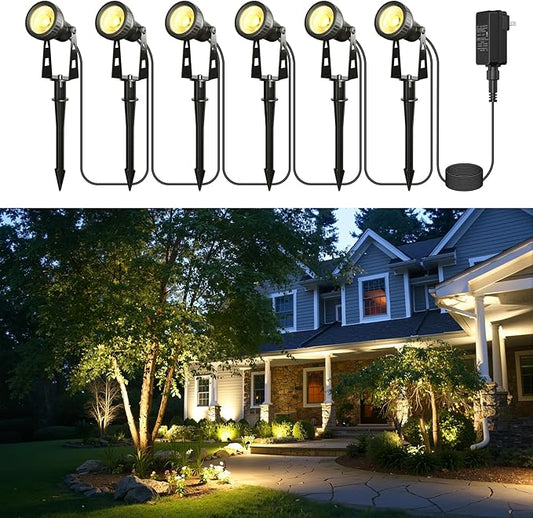Zuske Outdoor Landscape Lighting, 6-Pack Outdoor Spot Lights with Transformer, Plug in LED Spot Lights for Garden, Yard, Backyard, Plants, Lawn, Trees, House, Flags, IP65 Waterproof – Warm White