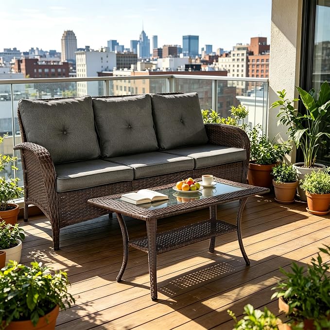 YLGJ&TIDY Outdoor Furniture 2PCS Set All-Weather Brown Wicker Patio Conversation Set 3 Seater Rattan Sofa Glass Coffee Table for Garden Backyard Porch Balcony w/Thick Cushions (Gray,2PCS Sofa/Table)