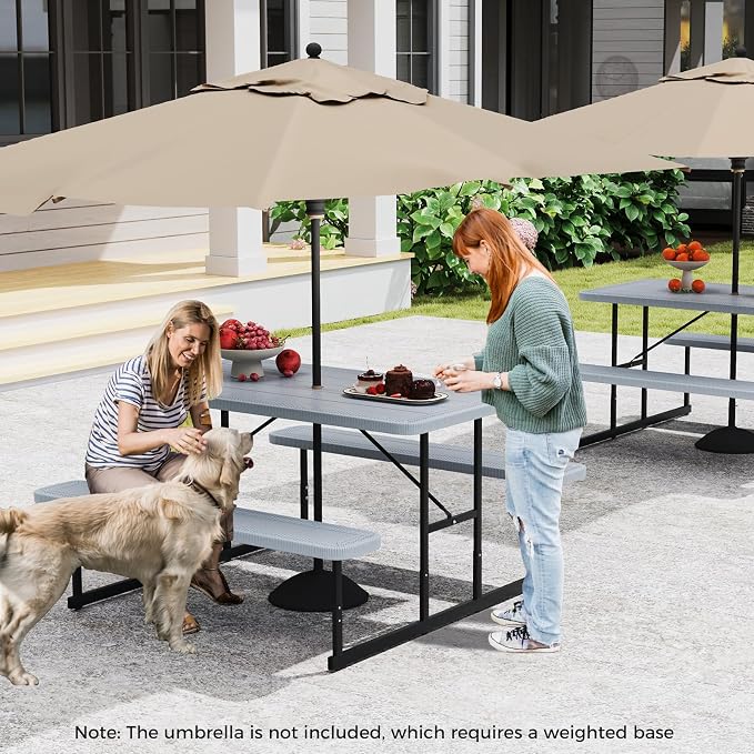 LDAILY Picnic Tables with Benches, Rectangular Dining Table Set for Outside 4 People, HDPE Tabletop, Metal Frame, Umbrella Hole, Heavy Duty Picnic Table for Outdoors, Patio, Lawn, Commercial (Gray)