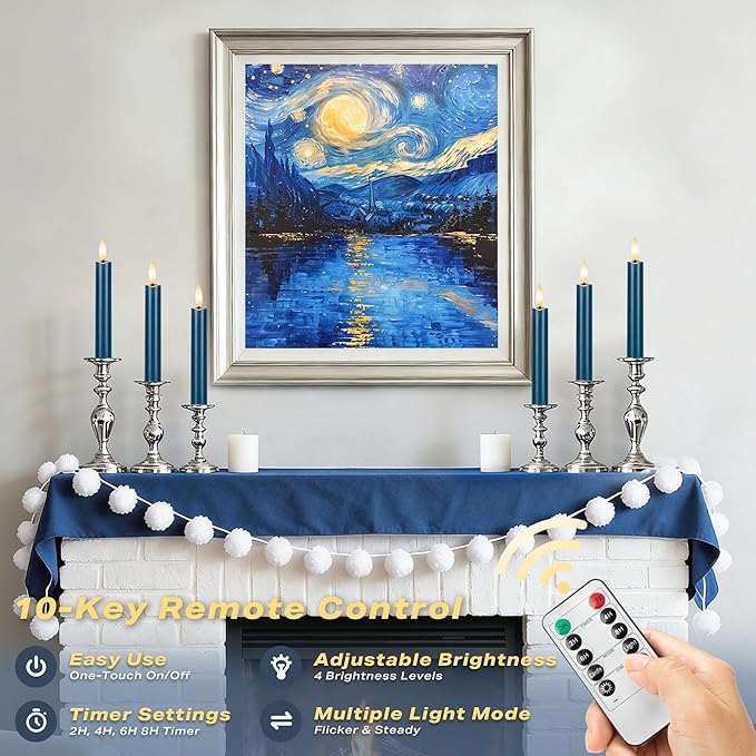 Blue Flameless Taper Candles with Remote, Short Battery Operated LED Candles, 6.4inch Flickering Flameless Candlesticks for Table Centerpiece, Wedding, Mantel, Window Decor, Set of 6