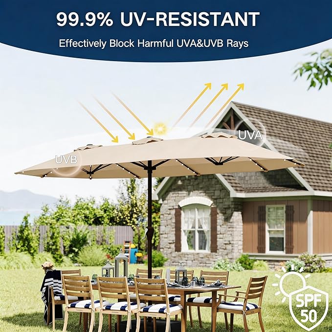 15ft Large Patio Umbrella with Solar Lights and Base, Double-Sided Outdoor Rectangle Umbrella with 48 LED Lights, Market Table Umbrellas with UV Resistant Canopy