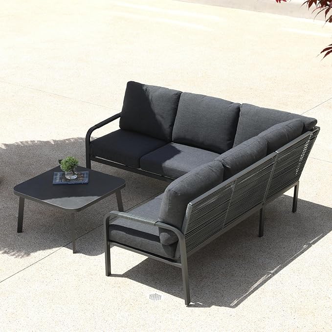 Aluminum Patio Furniture Set with Coffee Table, L-Shaped Patio Sectional Couch with Rattan Backrest for Garden, Balcony, Terrace, Gray