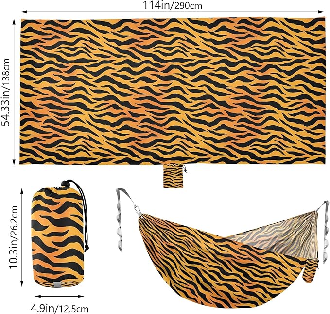 Camping Hammock Outdoor Hammocks for Outside Orange Black Tiger Stripe Beach Trees Portable Lightweight with Pockets Tree Straps Indoor