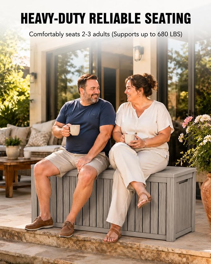 MAKINO 205 Gallon Large Waterproof Deck Box, Heavy Duty Resin Outdoor Storage Box, Outdoor Storage Bench with Hydraulic Rod for Patio/Cushions/Garden Tools/Backyard/Pool Accessories, Grey Brown