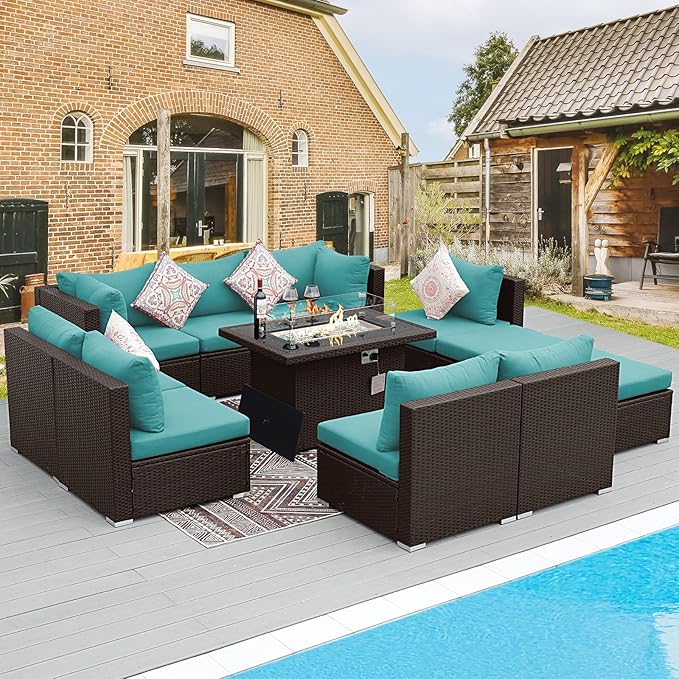 BULEXYARD 11 Piece High Back Outdoor Furniture Set with Firepit, Cozy Patio Conversation Set with Ottoman Modular, Extra Wide Deep 10-Seats Sectional Couch Sofa for Yard, Brown Rattan & Teal Cushion