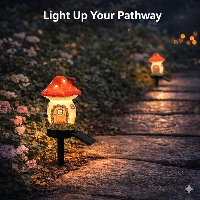 Solar Garden Lights Outdoor, 2 Pack Decorative Solar Mushroom House Pathway Lights Waterproof, Resin Fairy Garden Lights for Yard Lawn Walkway Patio Decor